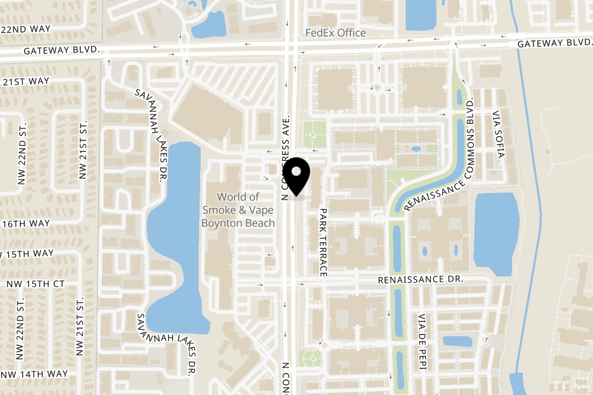 Map showing the location of Lemongrass Asian Bistro Sushi Boynton Beach on 1880 N Congress Ave in Boynton Beach